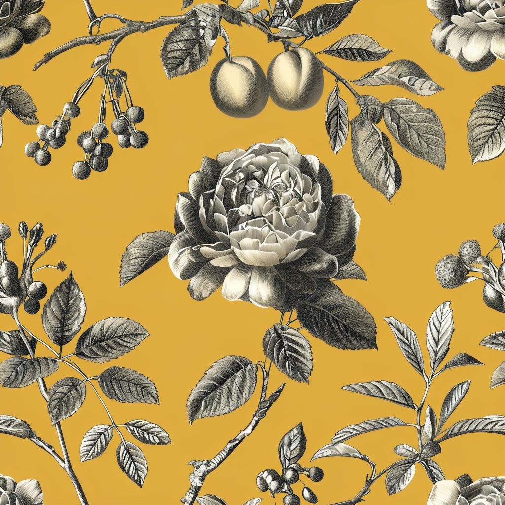 Elegant Grayscale Botanical Seamless Pattern on Golden Yellow Background