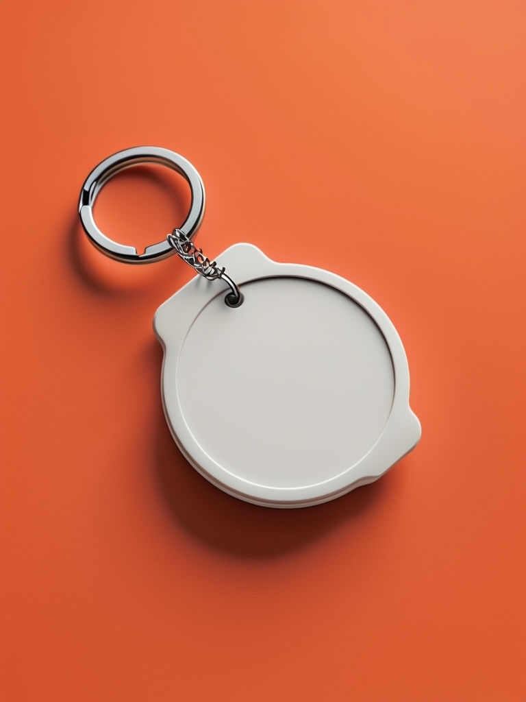 Sleek White Circular Keychain on Vibrant Orange Background Mockup