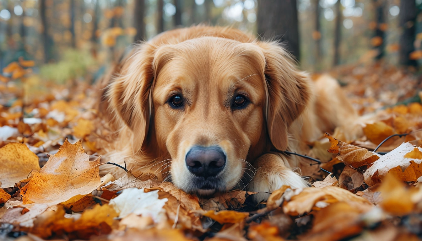 Golden Retriever in Autumn Leaves Close-Up Photograph Art