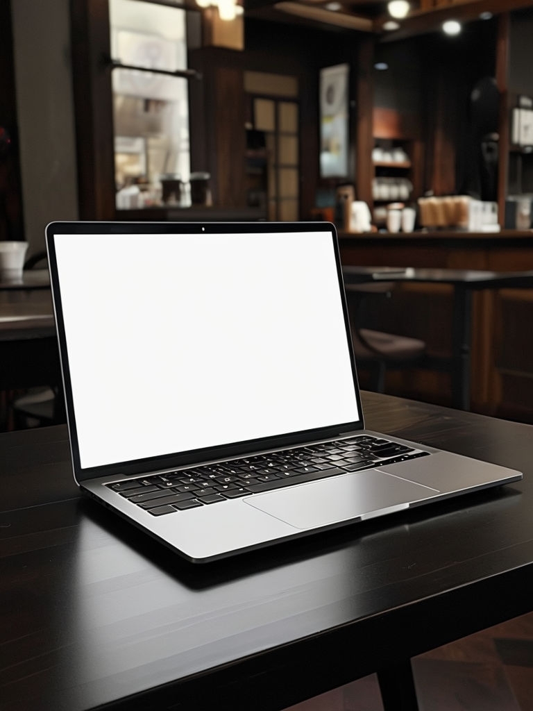 Sleek Modern Laptop on Dark Wood Table in Cozy Coffee Shop Mockup