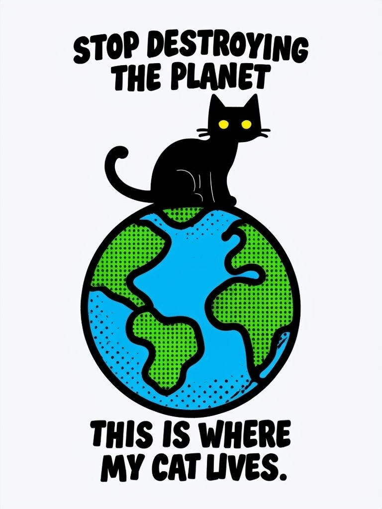 Whimsical Black Cat on Earth with Environmental Message Poster