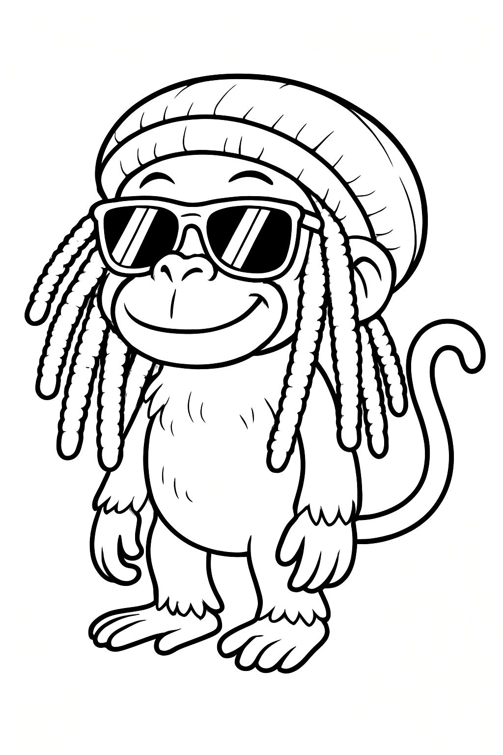 Cheerful Cartoon Monkey with Sunglasses Line Drawing Coloring Book Pages