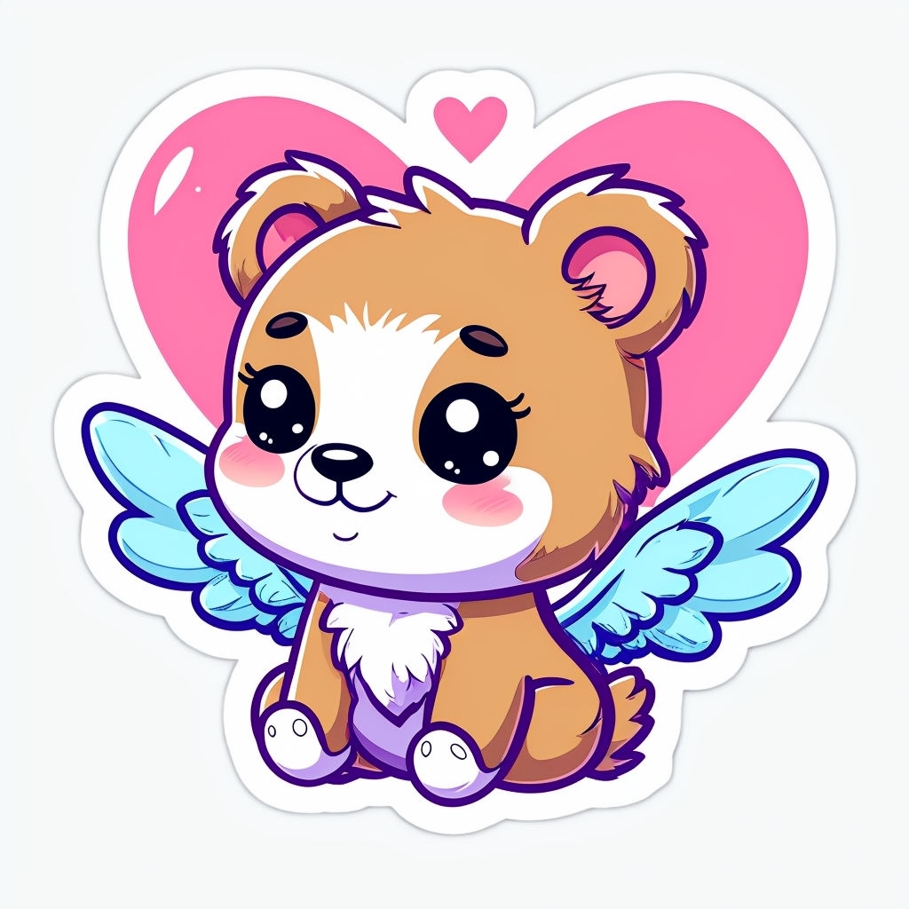 Cute Bear Character with Angel Wings and Heart Sticker