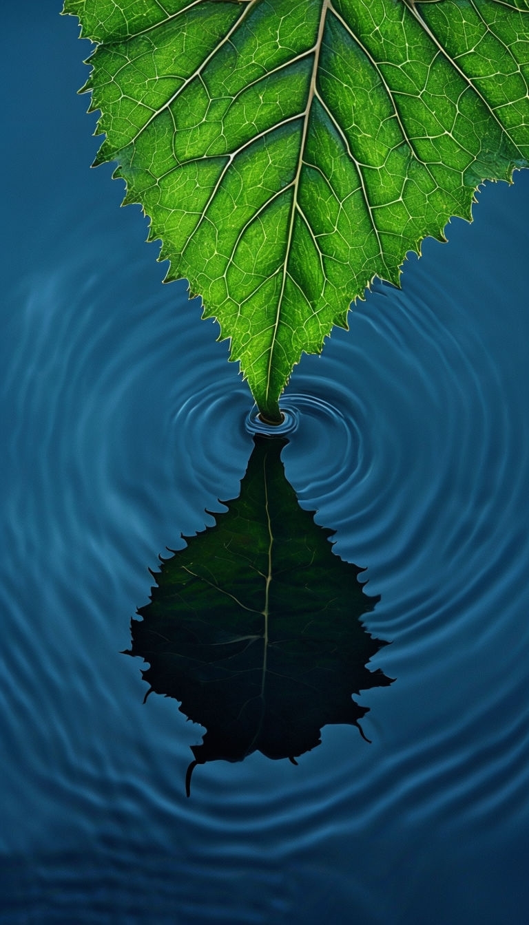 Vibrant Green Leaf Reflection on Calm Water Mobile Wallpaper