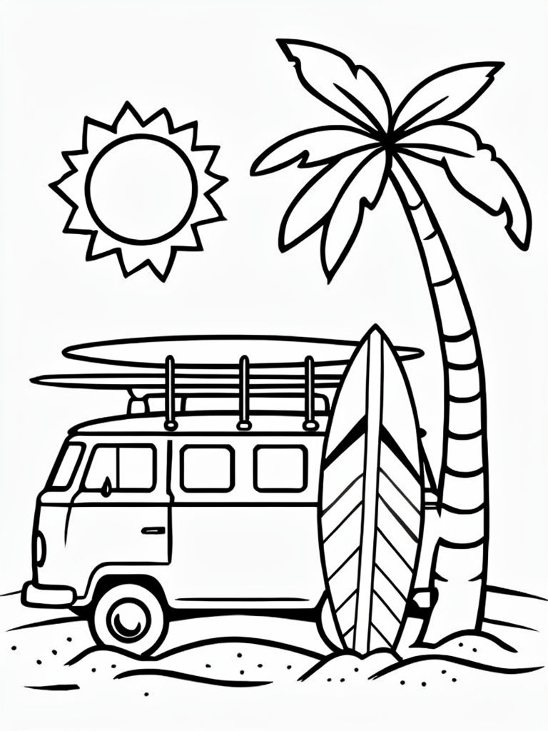 Vintage Beach Van and Surfboard Line Drawing Coloring Page