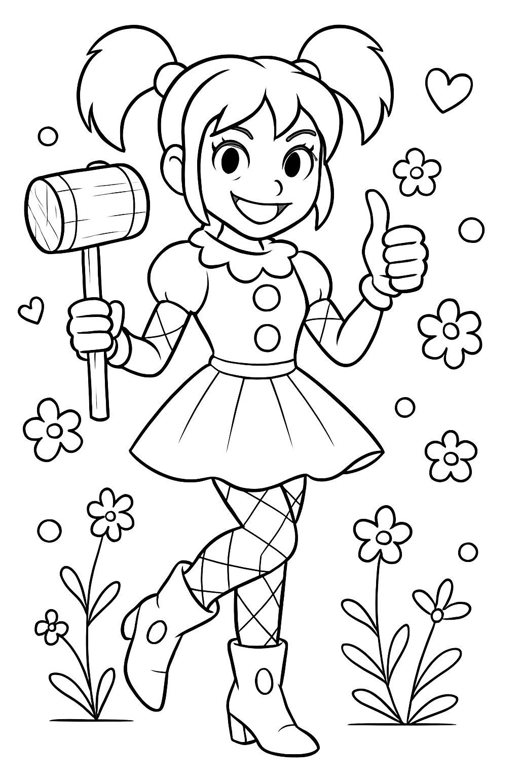Cheerful Cartoon Girl with Mallet and Flowers Coloring Book Page