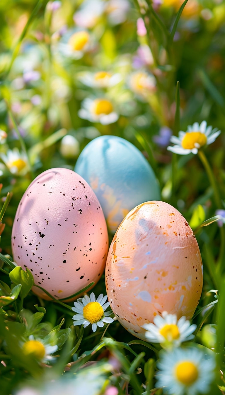 Pastel Easter Eggs Surrounded by Daisies in Green Grass Mobile Wallpaper