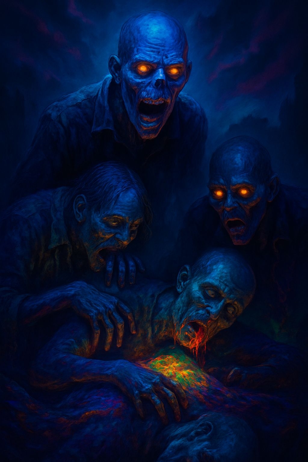 Eerie Zombie Figures in Dark Neon Glow Digital Art Mobile Wallpaper