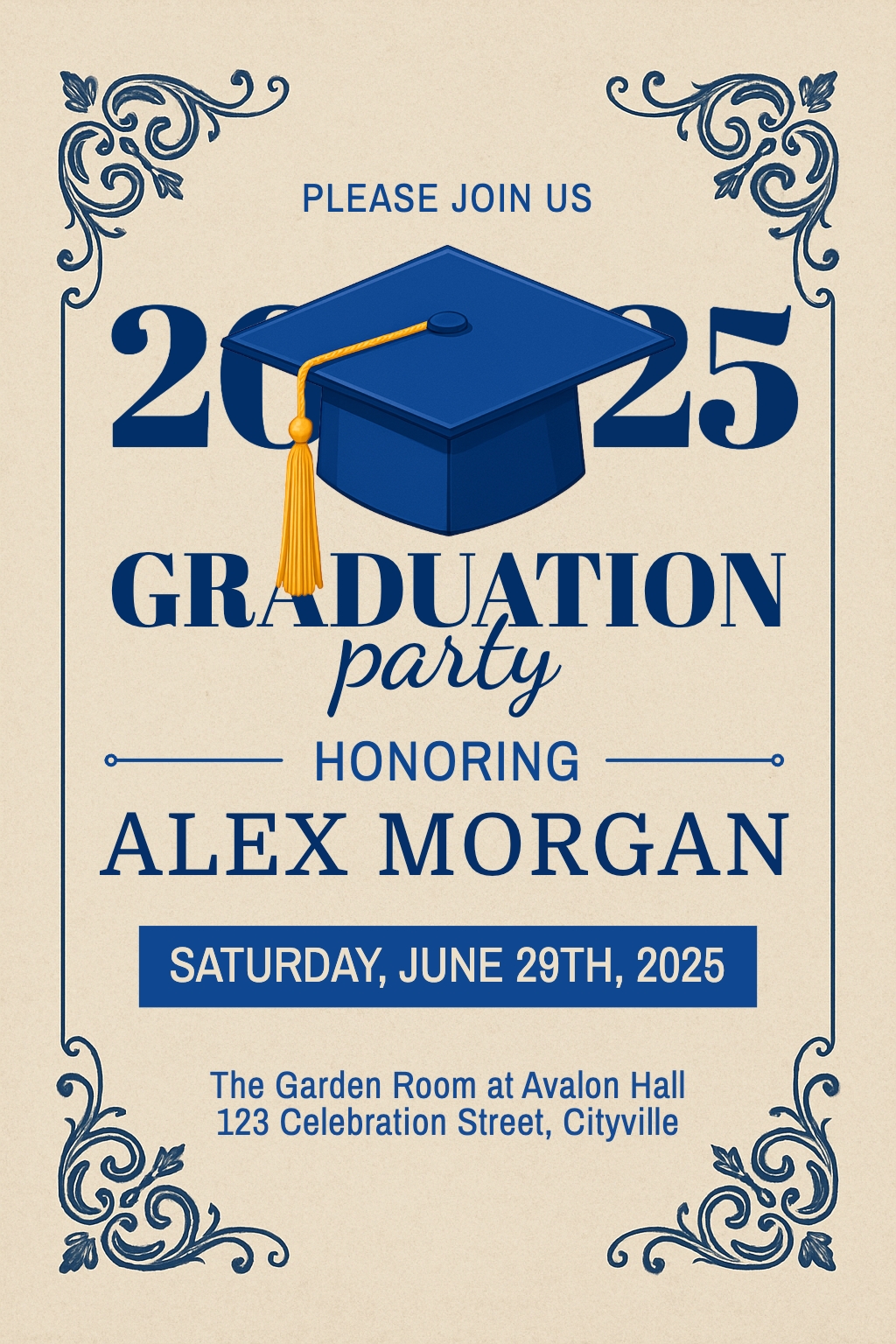 Elegant Navy Blue Graduation Party Invitation Poster 2025 Flyer