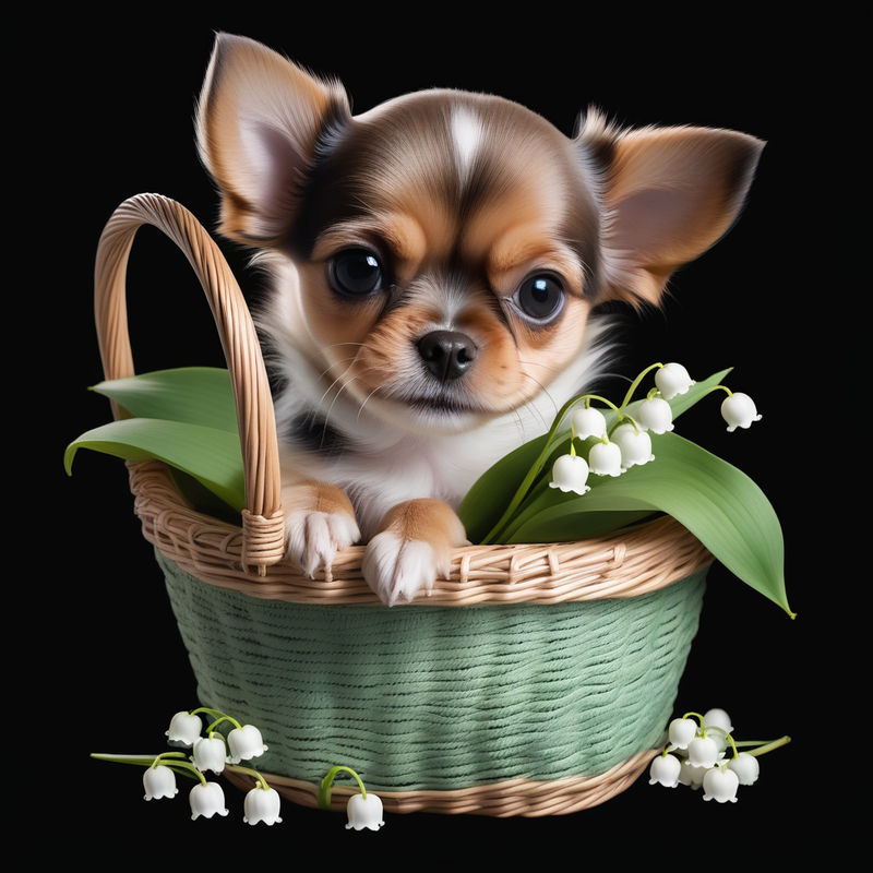 Prompt: A small dog sits in a basket with lily of the valley