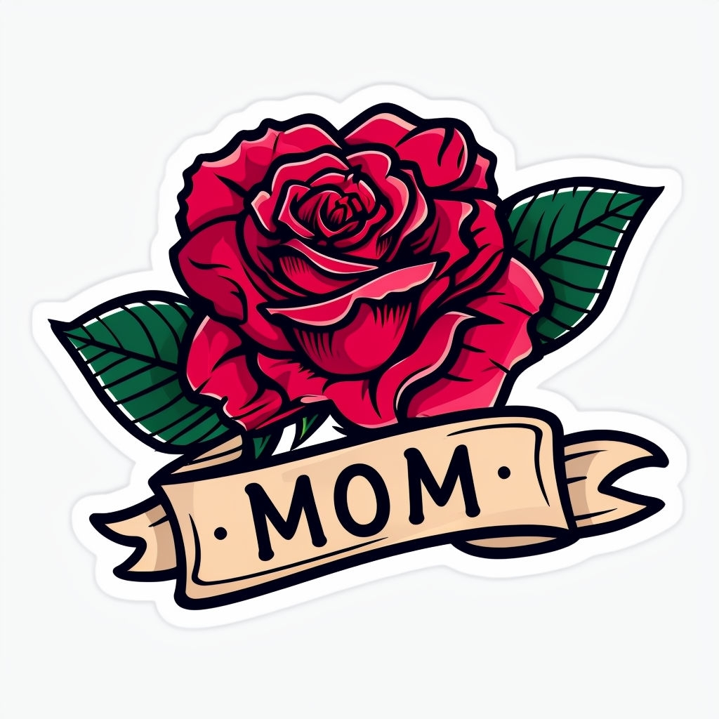 Vibrant Red Rose with 'MOM' Ribbon Cartoon Sticker