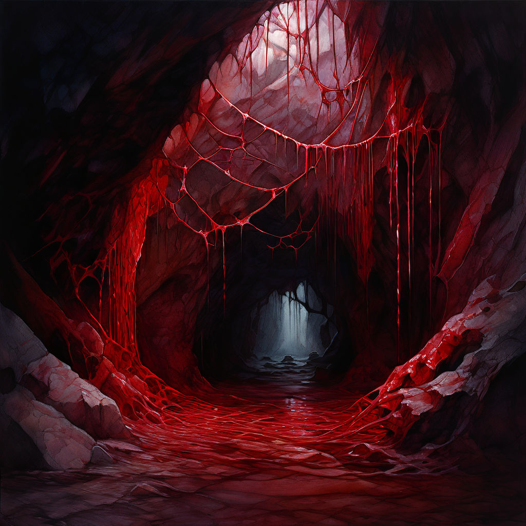 A watercolor image of a dark cave filled with blood red spid... by ...