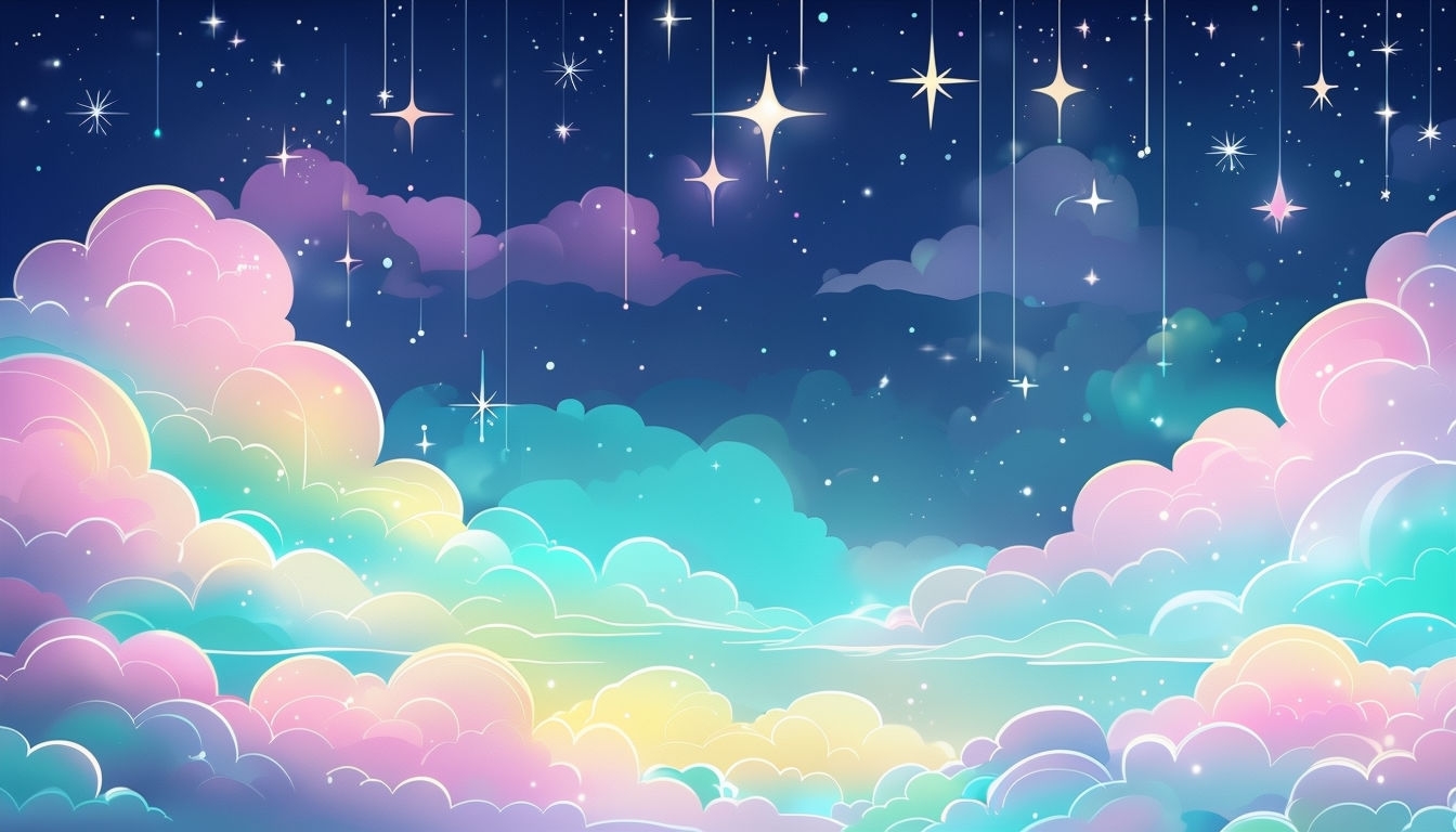 Whimsical Pastel Clouds with Twinkling Stars Night Sky Background