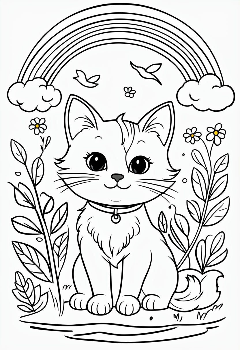 Whimsical Cartoon Cat Among Flowers and Rainbows Coloring Book Pages