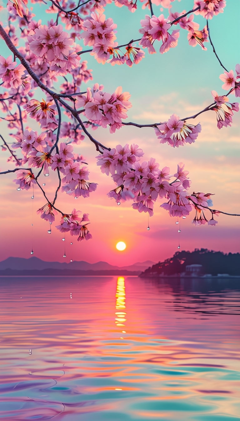 Tranquil Cherry Blossom Sunset Reflection Landscape Mobile Wallpaper