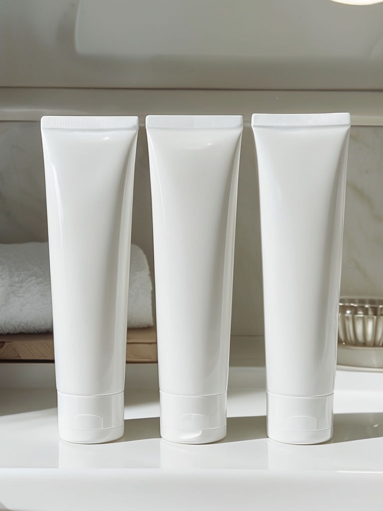 Minimalist White Toothpaste Tubes on Bathroom Countertop Mockup