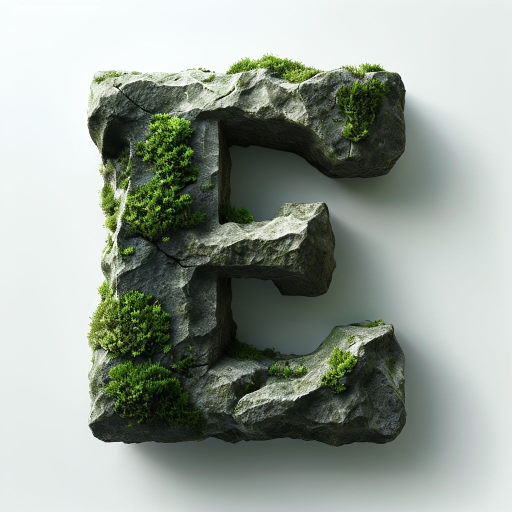 Realistic Moss-Covered Stone Letter E Monogram Design