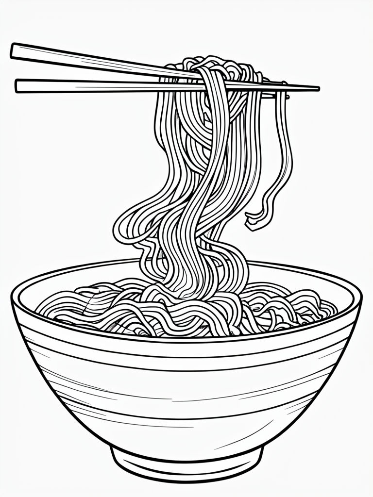 Delicious Noodles in Bowl Black-and-White Line Drawing for Coloring Book Pages