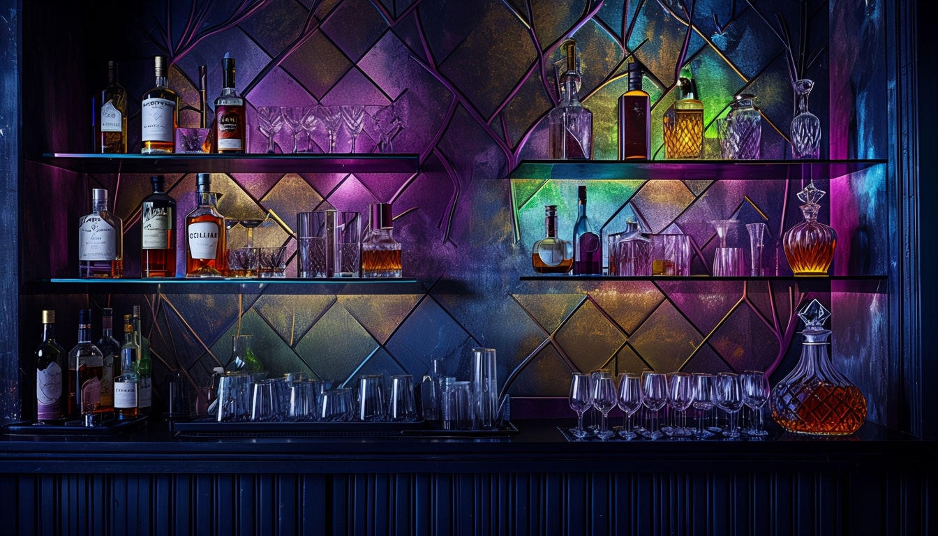 Elegant Luxurious Bar Interior with Colorful Backlighting Art