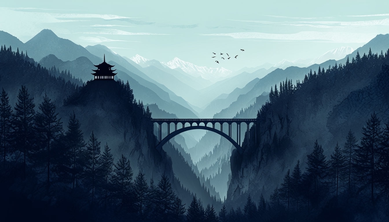 Tranquil Mountain Landscape with Bridge and Pagoda Virtual Backgrounds