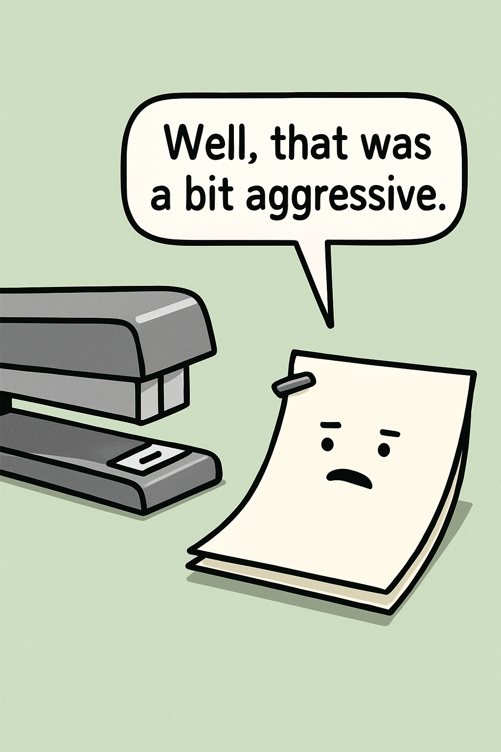 Humorous Cartoon Stapler and Sad Paper Illustration Meme