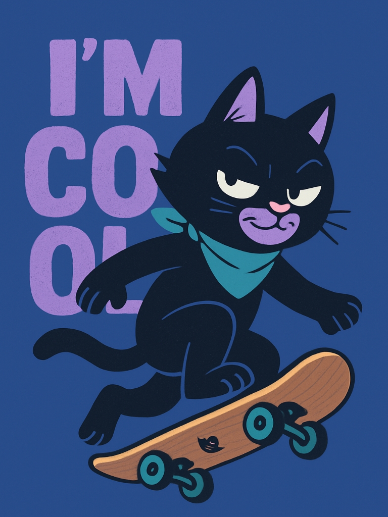 Cool Black Cat Skating with Bandana Cartoon T-Shirt