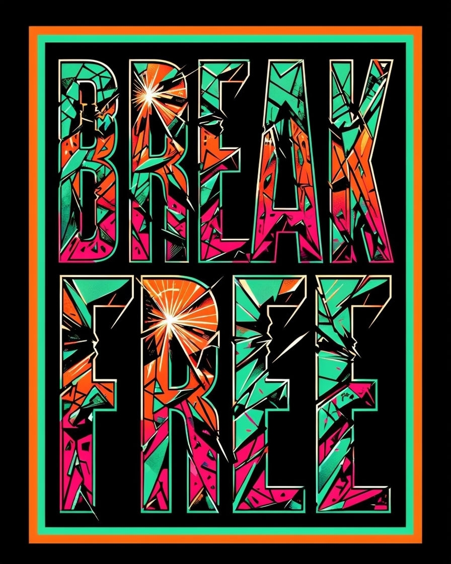 Bold 'BREAK FREE' Shattered Glass Neon Design T-Shirt