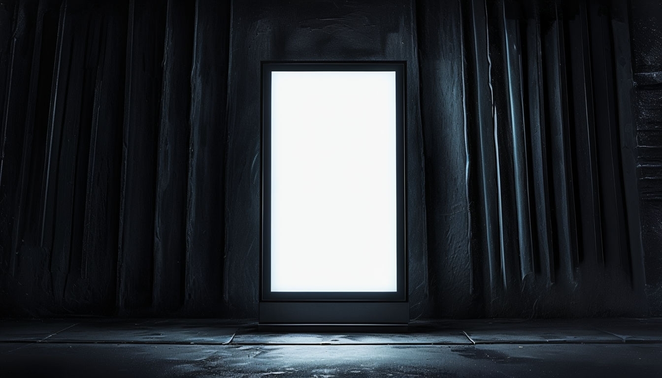 Illuminated Vertical Poster Frame Mockup Against Dark Wall