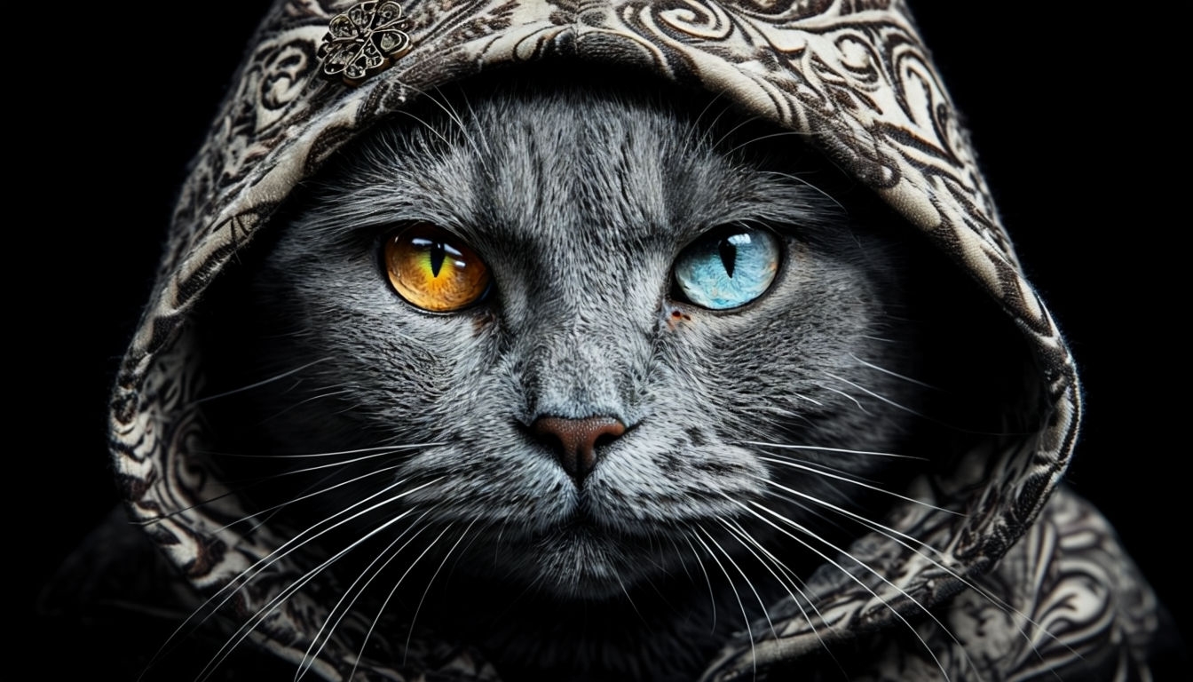 Intense Gaze Cat Portrait with Hoodie and Brooch Virtual Background