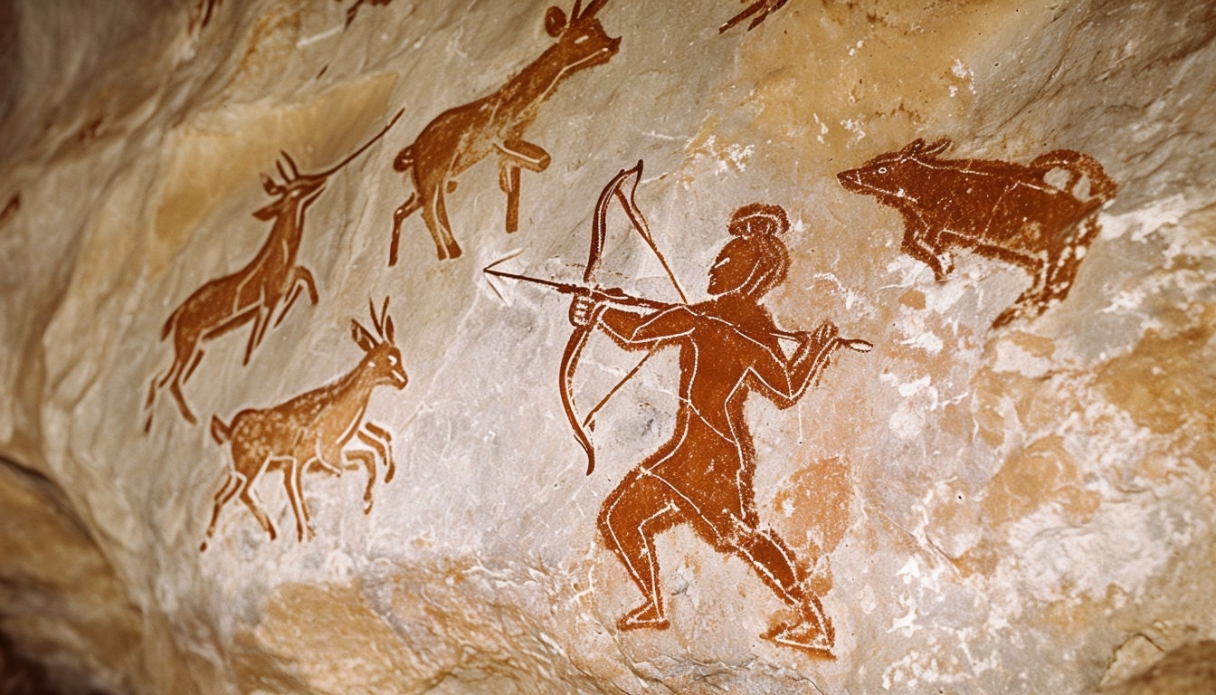 Ancient Rock Paintings of Dynamic Hunting Scene Artwork Background