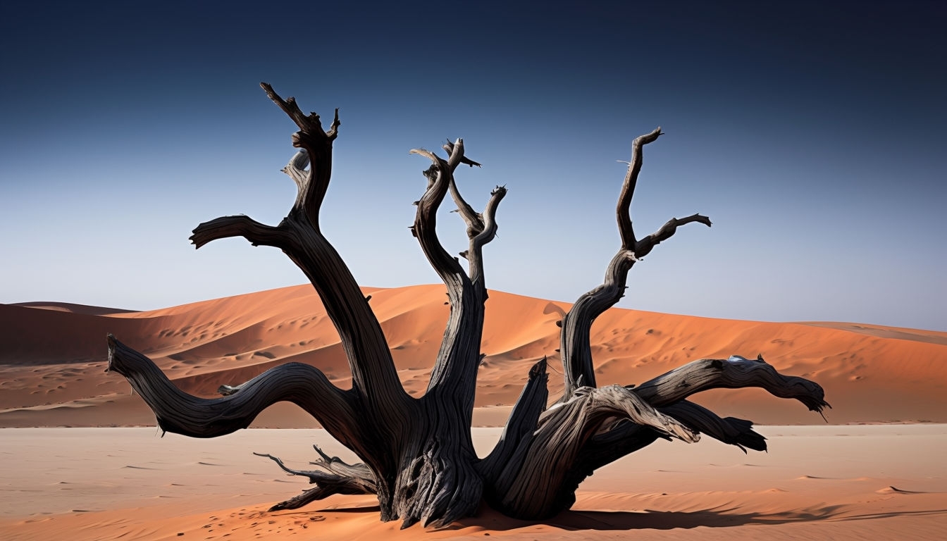 Haunting Desert Landscape with Weathered Tree Virtual Background