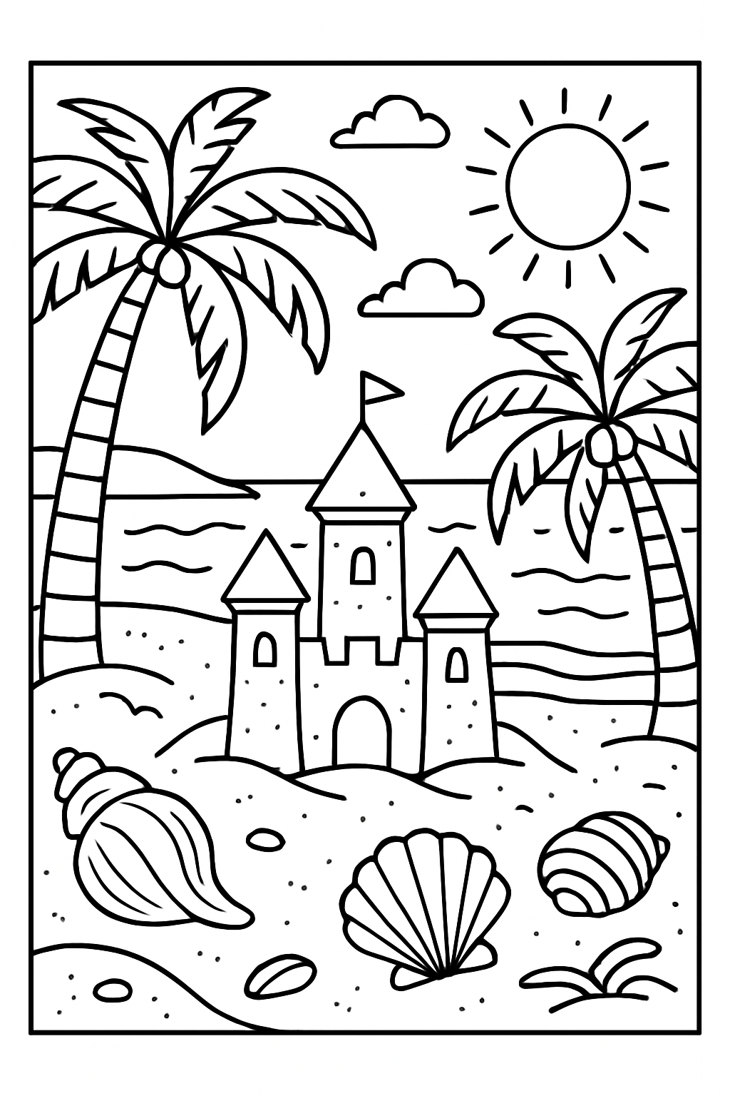 Whimsical Beach Scene with Sand Castle and Shells Coloring Book Pages