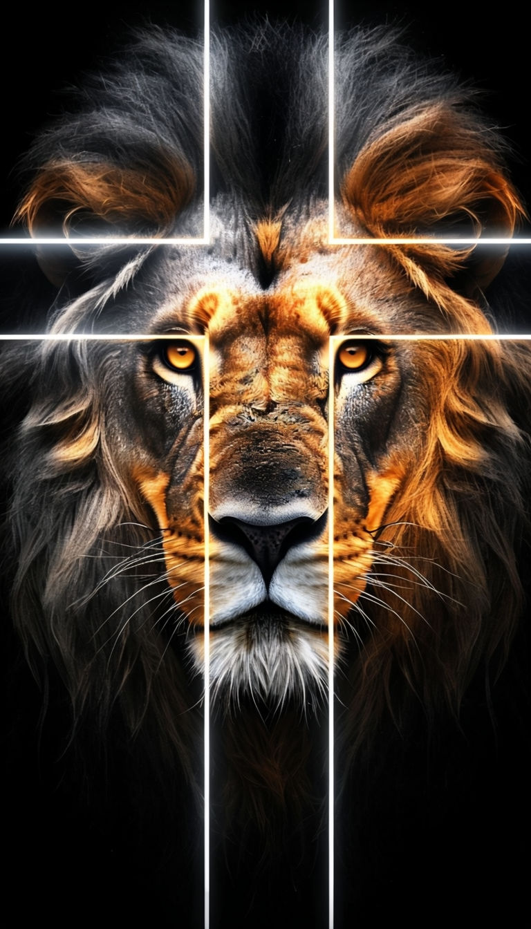 Majestic Lion Face with Cross Symbol Digital Art Poster