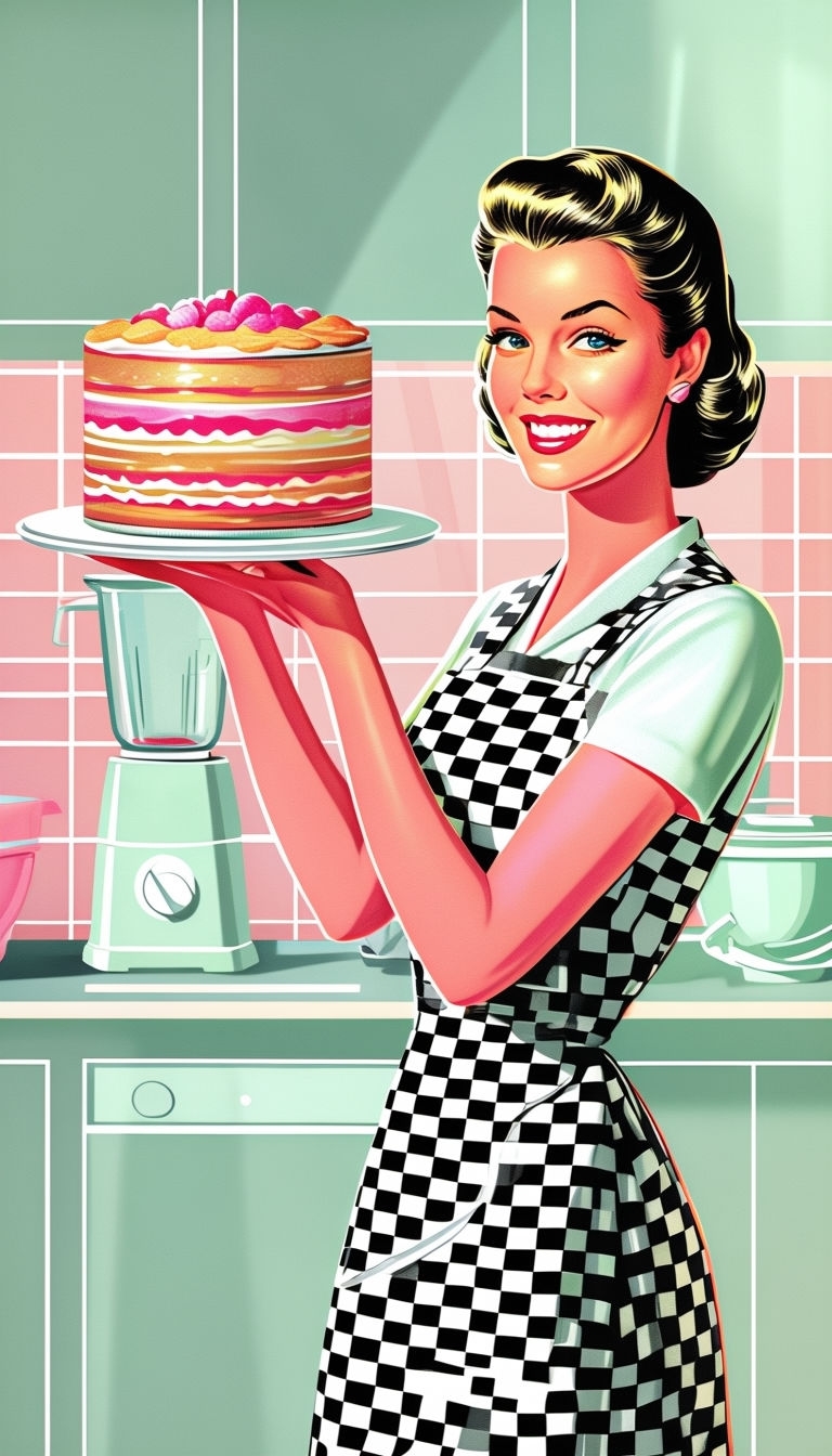 Vintage 1950s Cheerful Woman with Cake Kitchen Art
