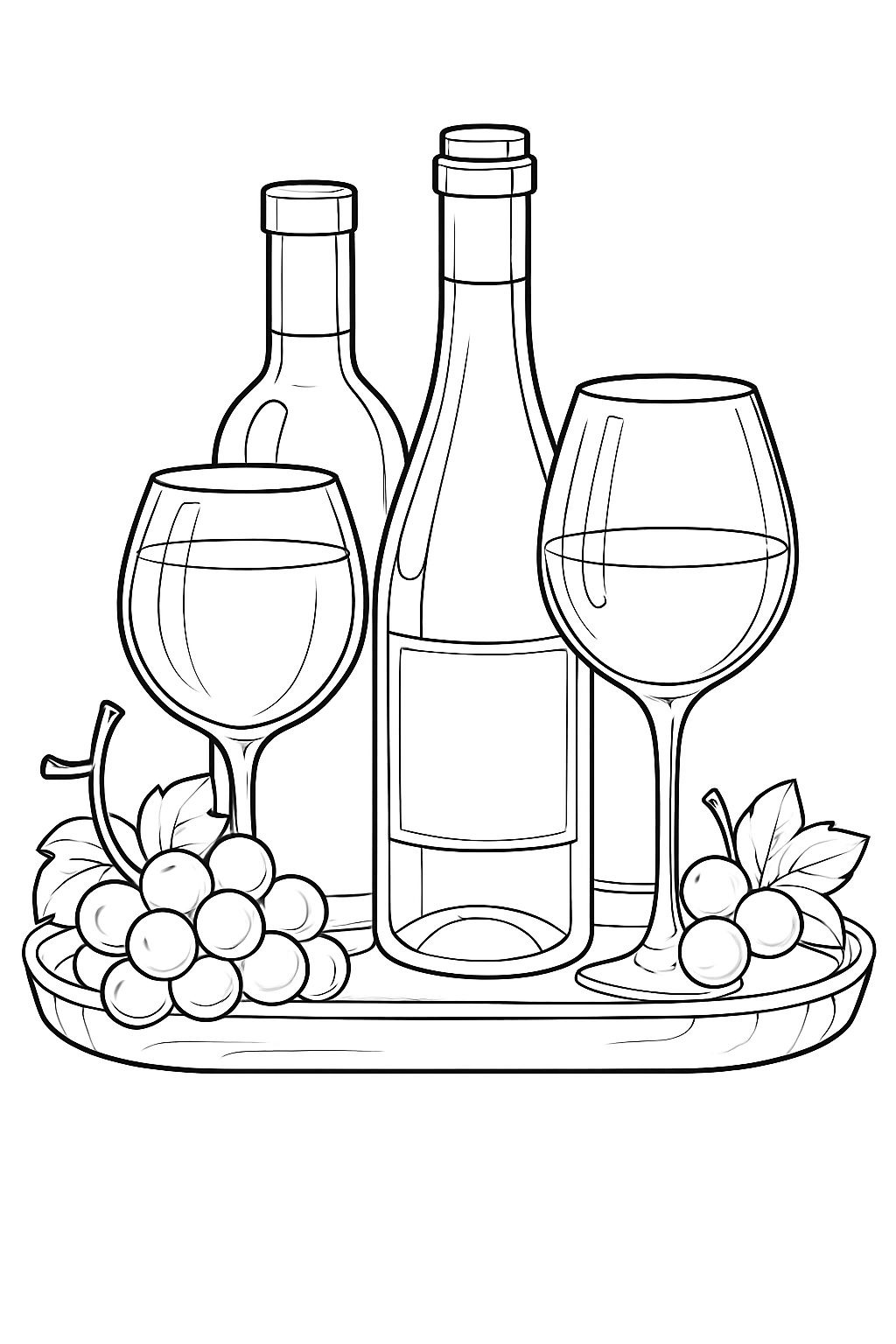 Elegant Black and White Wine Glasses and Grapes Line Drawing Coloring Book Pages