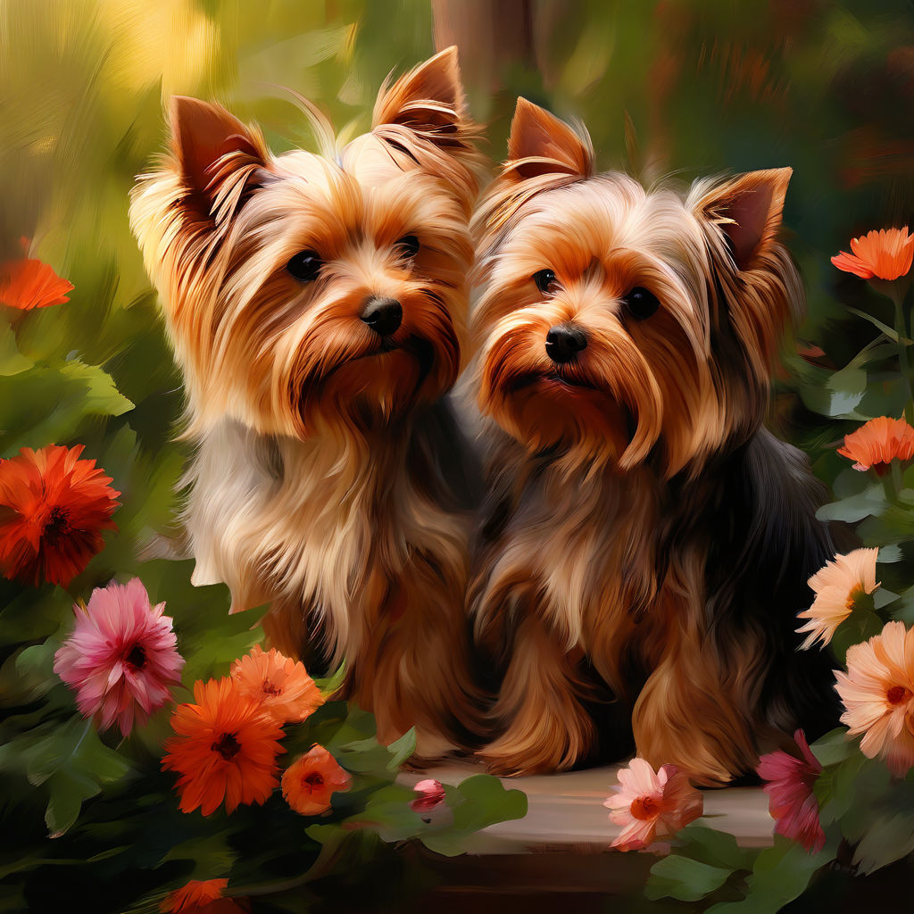 Prompt: Yorkshire Terriers engaged in a tender moment, foreheads touching, soft focus, depicting affection, surrounded by a lush garden setting, natural light, saturated with warm hues, ultra-fine digital painting.