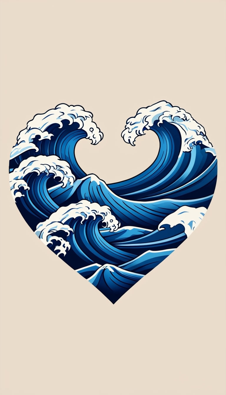 Heart-Shaped Ocean Waves in Japanese Ukiyo-e Style Phone Case Cover