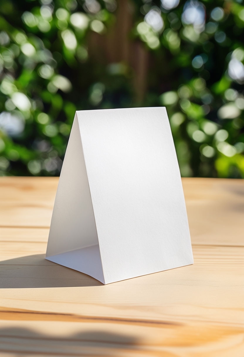 Minimalist Table Tent on Wooden Surface Mockup