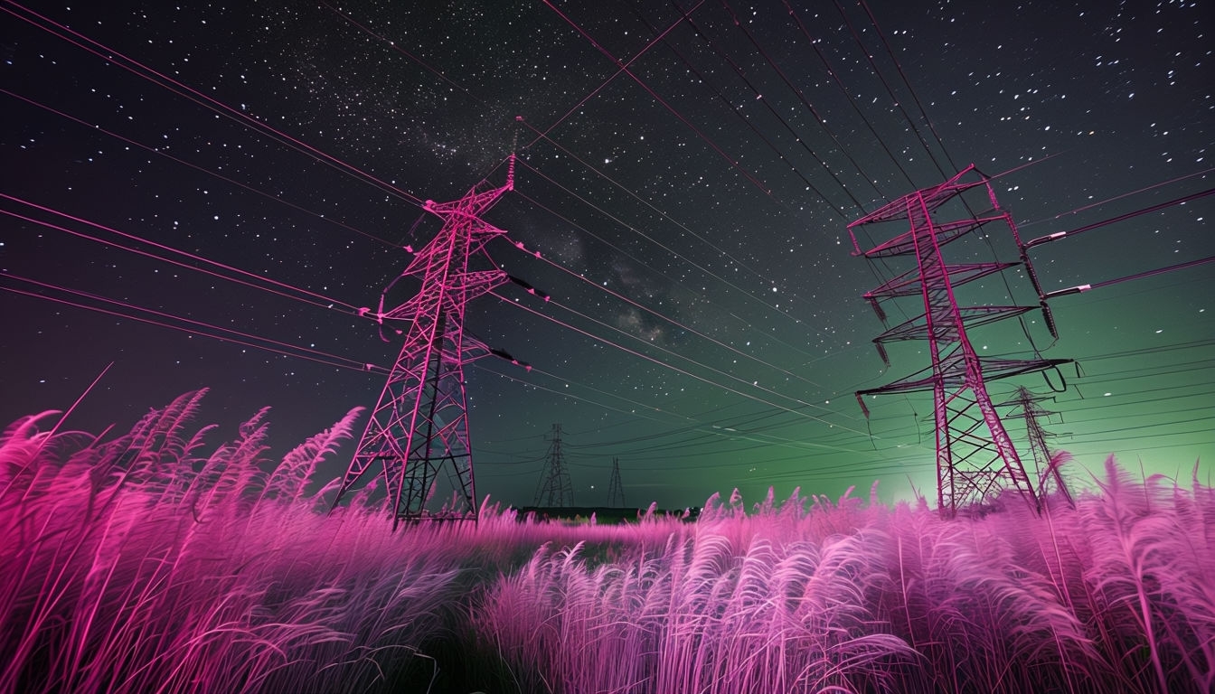 Surreal Nighttime Landscape with Neon Pink Transmission Towers Virtual Backgrounds