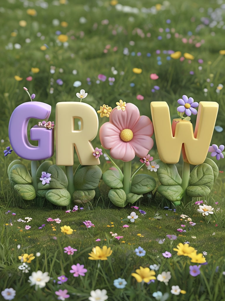 Colorful 3D 'GROW' Text with Floral Accents Art