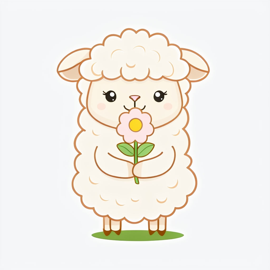 Cute Cartoon Lamb Holding Flower Illustration Sticker
