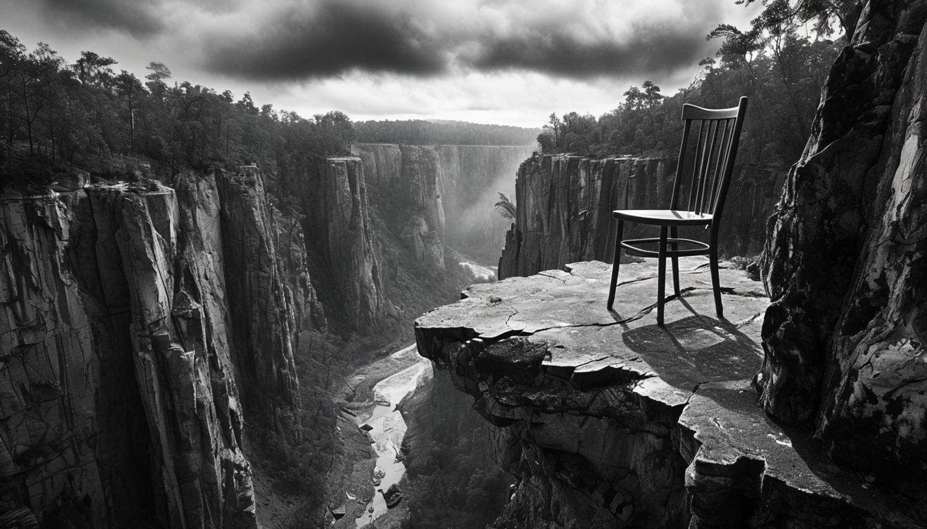 Dramatic Black and White Canyon Landscape with Wooden Chair Virtual Backgrounds