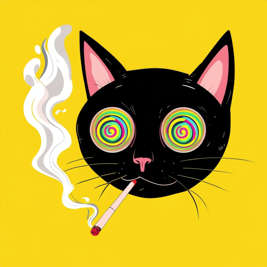 Whimsical Black Cat with Spiral Eyes and Smoke Illustration Art