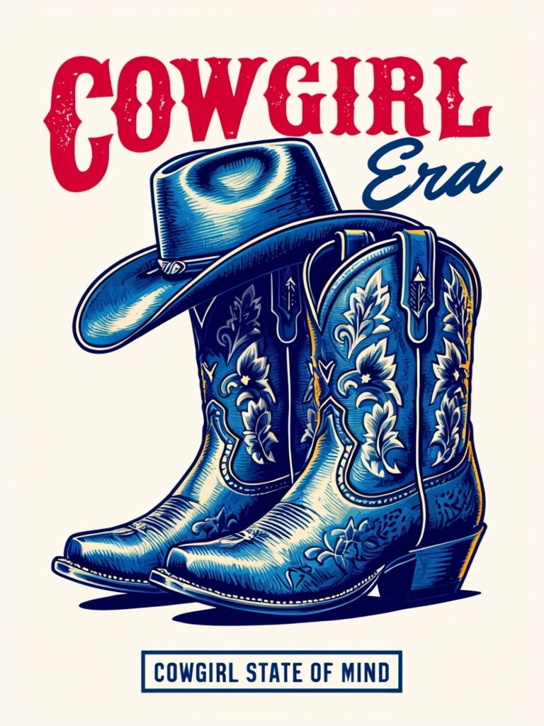 Vintage Western Cowgirl Boots and Hat Illustration Poster