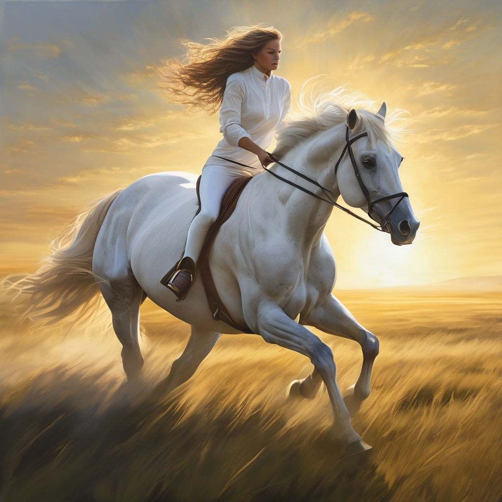 beautiful blonde woman riding white horse