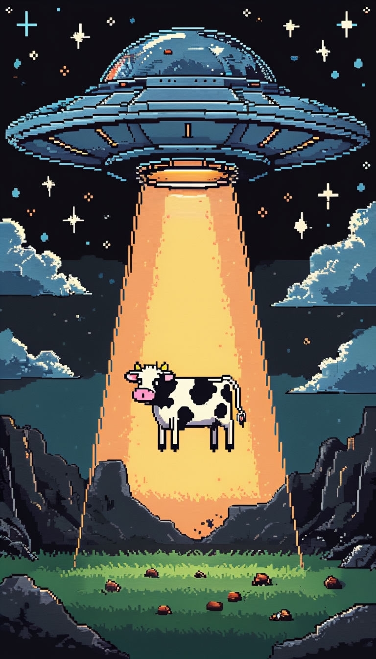 Mysterious UFO Abduction Pixel Art Illustration Social Media Post