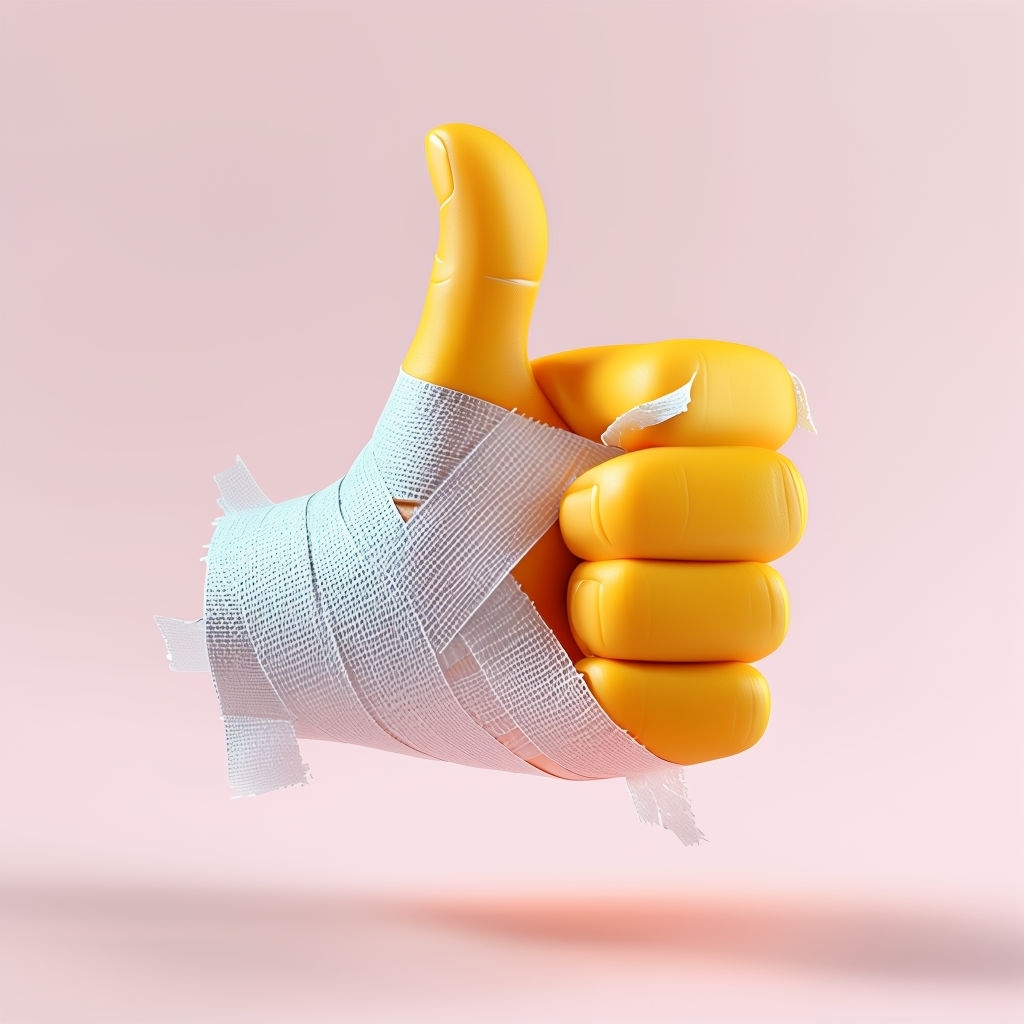 3D Bandaged Thumbs-Up Gesture with Bright Yellow Fingers Poster