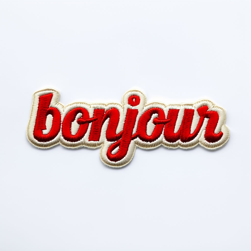 Embroidered Bonjour Patch Design on White Background for Hat