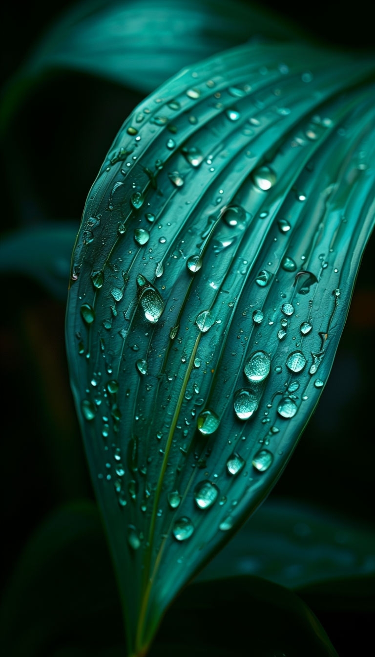 Teal Leaves with Water Droplets in Ethereal Macro Photography Mobile Wallpaper