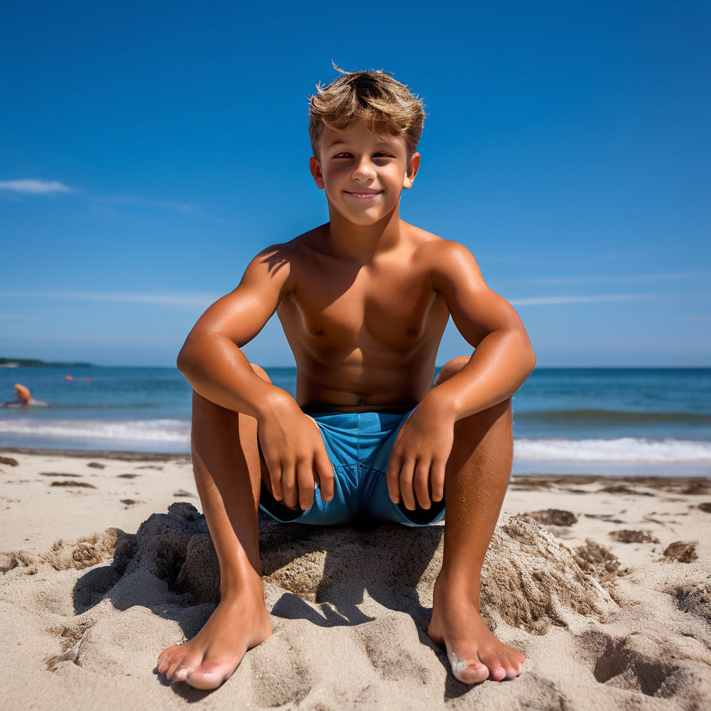 A boy in a bathing suit lies on the beach